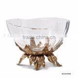 Ornamental Cast Bronze Crystal Fruit Bowl With Leaves, Clear Crystal Decorative Compote With Brass Base thumbnail-1