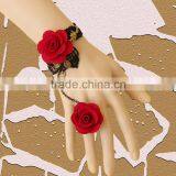 Women Fashion Red Rose Lace Flower Bracelet With Ring thumbnail-2