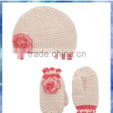 picot trim flower knit beanie hat and glove mitten set for baby
