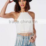 Fringed Plain White Spaghetti Strap Cami Crop Top Plain Wholesale Cheap thumbnail-1