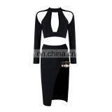 Amigo 2017 Christmas Party Bandage Dress 2pcs Dresses With White Long Sleeve Hollow Out Crop Top and Midi High Vent Skirt thumbnail-3