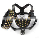 Adjustable Large Golden Studs Leather Pet Collar Harness For Pitbull