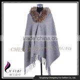 CX-B-P-43K Lady Fashion Raccoon Fur Trim Cashmere Poncho/ New Design Pashmina Shawl thumbnail-4