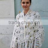 Vintage White Crochet Shawl, Soft Crochet Fringe Wrap, Wedding Shawl Wrap, Bride Shawl Ivory Wedding thumbnail-5