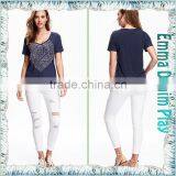 2016 New Designs Wide Open Neck Blue Printing Cotton T Shirts for Sexy Womens thumbnail-3