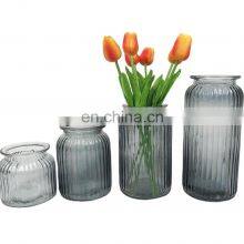 New Design Wholesale Stripe Modern Wedding Creative Big Round Clear Grey Flower Glass Vase Home Decor Decorative For Tabletop