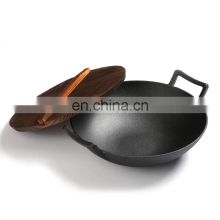 Heavy Duty Cooking Chinese Cast Iron Wok With Wood Handle