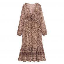 New French Retro Printed V-neck Elegant Slimming A-line Layered Decorative Print MIDI Dress thumbnail-4