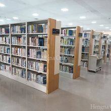 Double-Sided Library Bookshelf 5-Tier Metal Frame With Wooden Side Panels for Office School Storage thumbnail-2