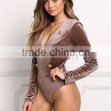 MGOO Fashion Custom Made Long Sleeves Bodysuits Velvet Breasted Tops V Neck Cocoa Polyester Spandex Blouses thumbnail-3