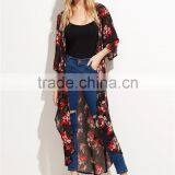 Custom Flower Print Women Soft Comfortable Beachwear Outwear Black Floral Longline Chiffon Kimono thumbnail-3