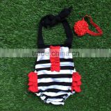 2016 new baby girls kids red and black stripe romper infant clothing baby kids wear with matching headband set