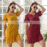 2020 Fashion New Lotus Leaf Skirt Short Sleeve Solid Color Dress Female Summer Stitching Chiffon Europe and America thumbnail-4