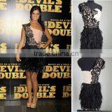 Fashional One Shoulder Short Style Lace Evening Dress with Feathers