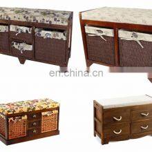 Wicker Basket Drawers Solid Wood Linen Fabric Covered Hall Storage Bench Seat