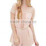 Pink Wrinkled Round Neckline Short Sleeve Belt Waist Short Jumpsuit thumbnail-5