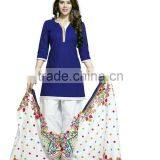 Patiyala Style Printed Cotton Dress Material With Blue and White