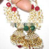 Red Green Pearl Hoop Bollywood Gold Tone Dangler Jhumka EARRINGS thumbnail-3