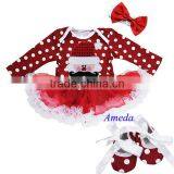 Xmas Mustache Santa Baby Red Polka Dots White Ruffles Long Sleeves Bodysuit Pettiskirt and Headband Crib Shoes NB-18M thumbnail-1
