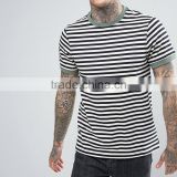 Men'S Plain 100% Cotton Slim Fit Black And White Custom Striped T Shirt With Contrast Color Collar