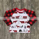 Xmas Christmas Thanksgiving Day Deer Red White Plaids Kids Cotton Tshirt Baby Ruffle Sleeves White Tops Baby Animal Shirts