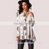 Ladies Vogue New Arrival Women's Vintage High Street Casual White Long Sleeve Cut Out Front Tribal Print Blouse B003 thumbnail-3