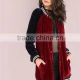 MGOO Burgundy Contrast Raglan Sleeve Velvet Longline Button Bomber Jacket With Striped Trim thumbnail-3