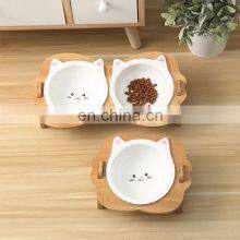 Non-slip Feeding Cat Pet Dog Stand Natural Bamboo Rack Ceramic Bowls Feeder for Pets thumbnail-1