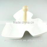 Ceramic 3 Section Divided Plate Snack Serving Platter With Wooden Handle thumbnail-2
