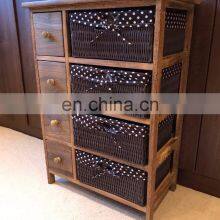 Brown Chest of Drawers Shabby Chic Storage Unit Wicker Baskets Dark Wood Cabinet thumbnail-1