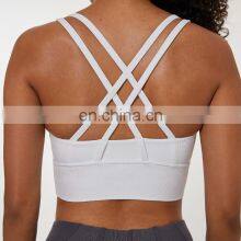 Custom New 75% Nylon 25% Spandex Thread Fabric Ladies Gym Wear Strappy Sports Bra Top Fitness Bra for Women thumbnail-3