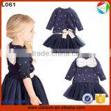 Factory Price 2016 Spring Baby Girls Clothing Set Bow-knot Spot Tshirt Botique Design Kids Clothes Free Shipping(uk022405)