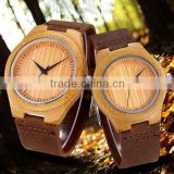 Japan Quartz Lover Watches with Genuine Leather Strap Bamboo Case Couple Watches