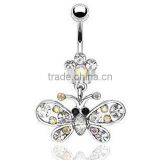 Surgical flower Butterfly With Multi Gem Dangle Navel Belly Ring