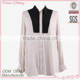 Direct Factory Supply Long Sleeve White Black Contrast Simple Design Elegant Chiffon Blouse for Middle Aged Women thumbnail-1