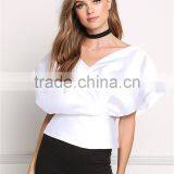 MGOO Custom Designs V Neck Tunic Fashion Cross White Satin Blouses 100% Polyester Sleeveless Tops thumbnail-2