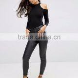 High Neck And Cold Shoulder Bodysuit Plain Black Spandex Tight Bodysuit Women Wholesale Price thumbnail-5