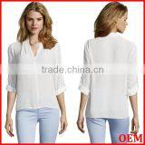 100% Polyester Long Sleeve v Neck Blouse Hi-low Woman Blouse
