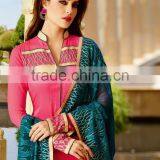 Pink Color Straight Cut Bottom Zari Embroidery Border Hi Neck Designer Semi Stitch Salwar Kameez thumbnail-1