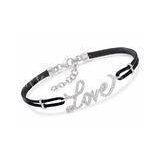 Sterling Silver Bangle Bracelet , Stylish Girls Black Leather Love Bracelet