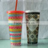 16oz double wall plastic cup with straw and lid and paper insert