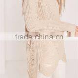 Custom Made Women Longline Oversized Knitwear Private Label Own Branding Sweater Distressed Off Shoulder Jumper Cream thumbnail-5