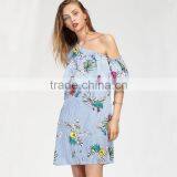 Oblique Shoulder Layered Dress, 2017 Ladies Blue Floral Print Dress thumbnail-3