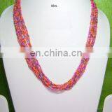 Seed Bead Multi Layer Long Pink Necklace Earring Set thumbnail-1