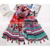 Fashion Polyester Stripe Colorful Lady Printed Scarf Muffler with tassels fringe