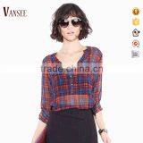 Women's Basic Classic Lightweight Collar Plaid Chiffon Shirt thumbnail-1