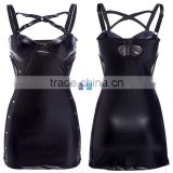Sexy Womens Faux Leather Strap Hollow Backless Wrap Cross Backless Rivets Mini Top Dress + G-String
