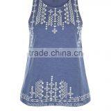 2016 Fashion Summer Blue Embroidered Trim Sleeveless Top HST8042 thumbnail-1