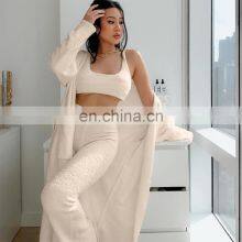 2021 Casual Women's Sleeveless Cozy Sweater Pajamas Short Set Fuzzy Soft Knit Ribbed Sleepwear With Robe 3 Pieces Set For Women/