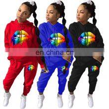 Wholesale Custom Ladies Suit Printed Hooded Long Sleeve Sweater Casual Suit Sports Long Hooded Printed Suit Casual Style thumbnail-1